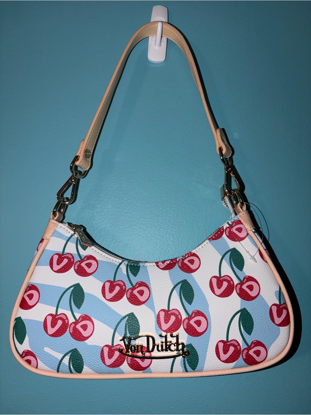 Von Dutch Cherry-Print Shoulder Bag in Red & Blue- NWOT